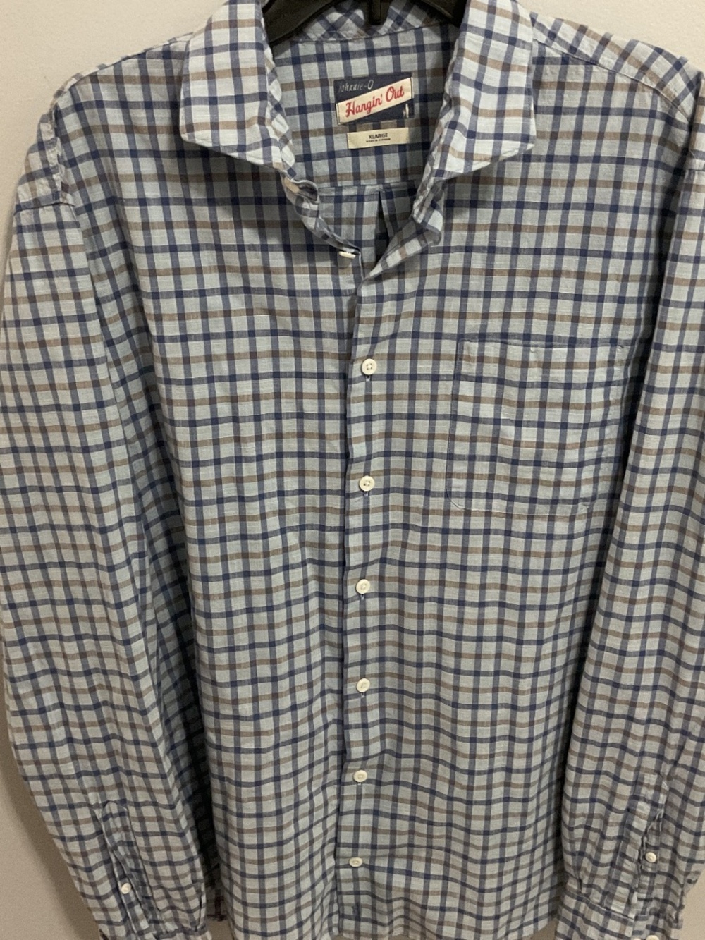 Men’s Johnnie-O LS Blue and Brown Checked Button Front Shirt,XL